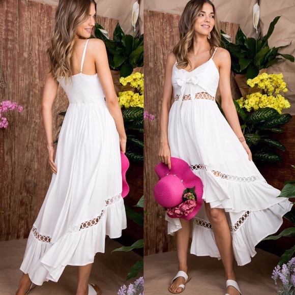NEW! Tie Front Lace High Low Maxi Dress White - Picture 5 of 6